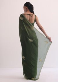 Mehendi Green Jacquard Saree In Cutdana Embroidery With Unstitched Blouse