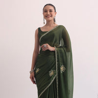 Mehendi Green Jacquard Saree In Cutdana Embroidery With Unstitched Blouse