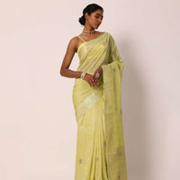 Mehendi Green Kora Silk Tissue Saree With Gota Patti Work And Unstitched Blouse Piece