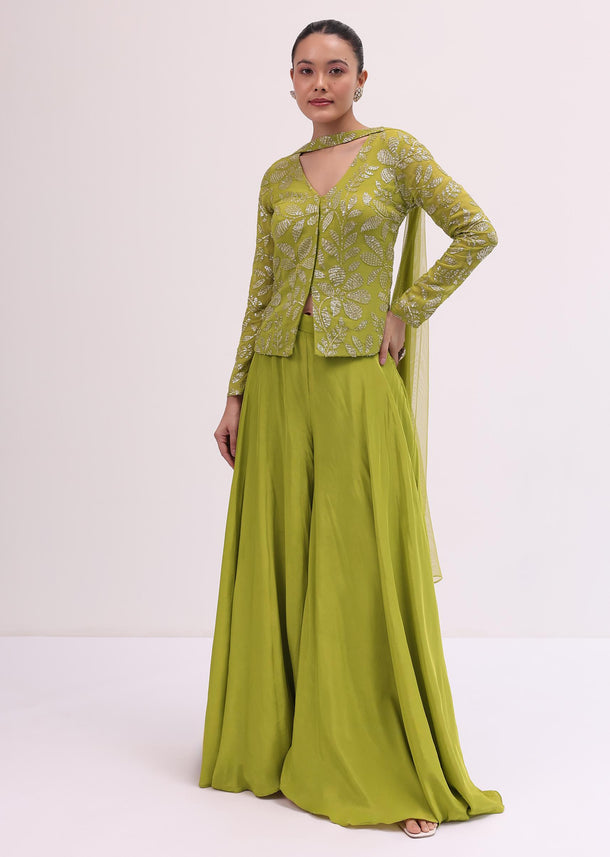 Mehendi Green Kurta Palazzo Set In Sequins