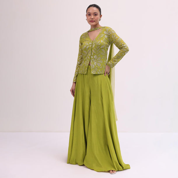 Mehendi Green Kurta Palazzo Set In Sequins