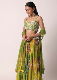 Mehendi Green Lehenga Set With Prints