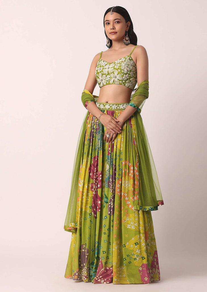 Mehendi Green Lehenga Set With Prints