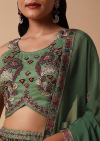 Mehendi Green Printed Lehenga With Embroidered Choli And Dupatta