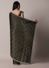 Mehendi Green Saree In Satin Chinon With Scallop Stone Work Border And Unstitched Blouse Piece