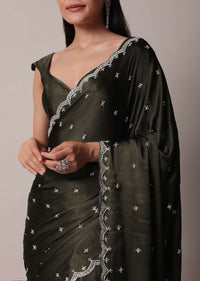 Mehendi Green Saree In Satin Chinon With Scallop Stone Work Border And Unstitched Blouse Piece