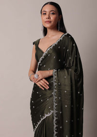 Mehendi Green Saree In Satin Chinon With Scallop Stone Work Border And Unstitched Blouse Piece