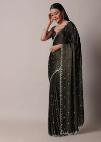 Mehendi Green Saree In Satin Chinon With Scallop Stone Work Border And Unstitched Blouse Piece