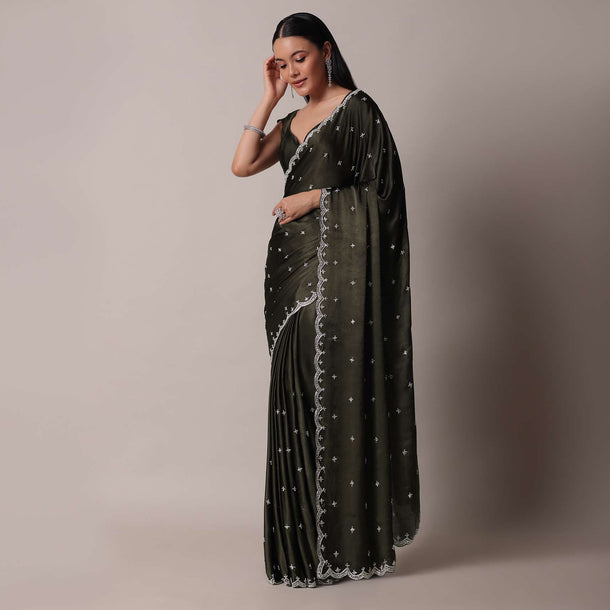 Mehendi Green Saree In Satin Chinon With Scallop Stone Work Border And Unstitched Blouse Piece