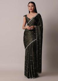 Mehendi Green Saree In Satin Chinon With Scallop Stone Work Border And Unstitched Blouse Piece