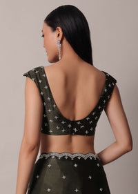 Mehendi Green Saree In Satin Chinon With Scallop Stone Work Border And Unstitched Blouse Piece