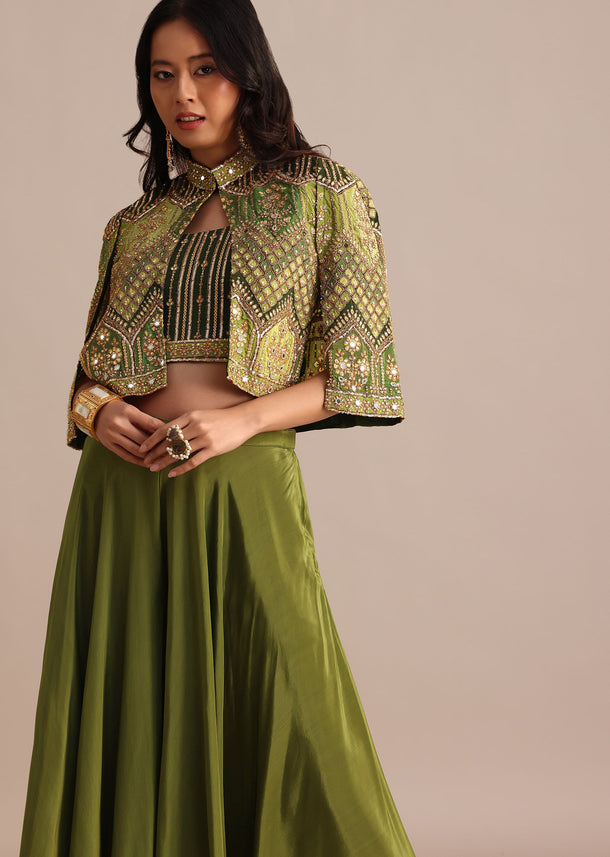 Mehendi Green Satin Palazzo Suit With Embroidered Cape