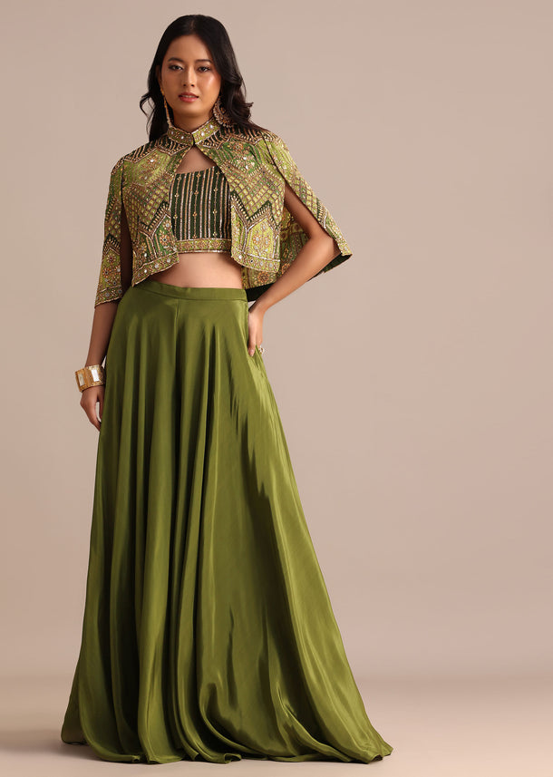 Mehendi Green Satin Palazzo Suit With Embroidered Cape