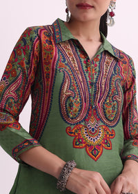 Mehendi Green Sequin Embroidered Silk Kurta With Printed Pant Set