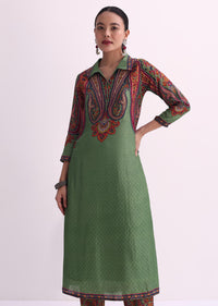 Mehendi Green Sequin Embroidered Silk Kurta With Printed Pant Set