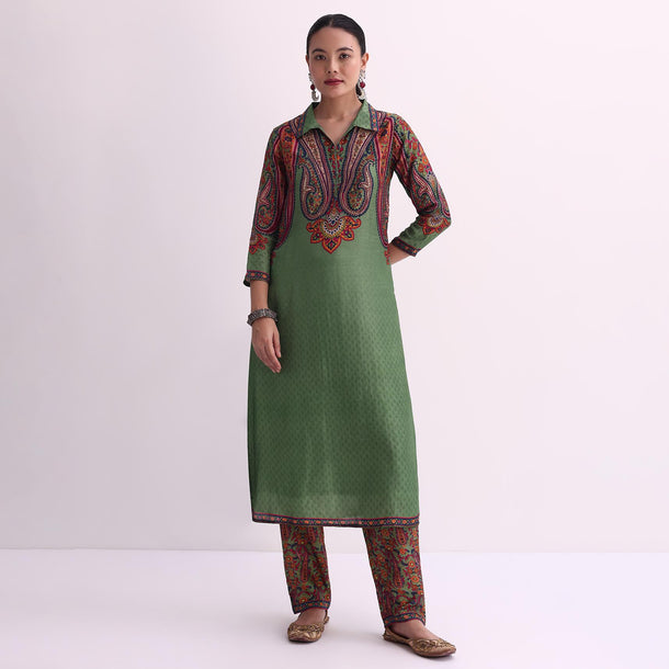 Mehendi Green Sequin Embroidered Silk Kurta With Printed Pant Set