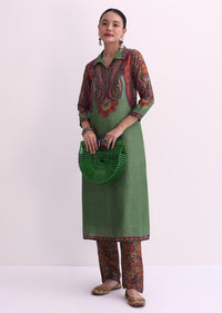 Mehendi Green Sequin Embroidered Silk Kurta With Printed Pant Set