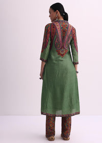 Mehendi Green Sequin Embroidered Silk Kurta With Printed Pant Set