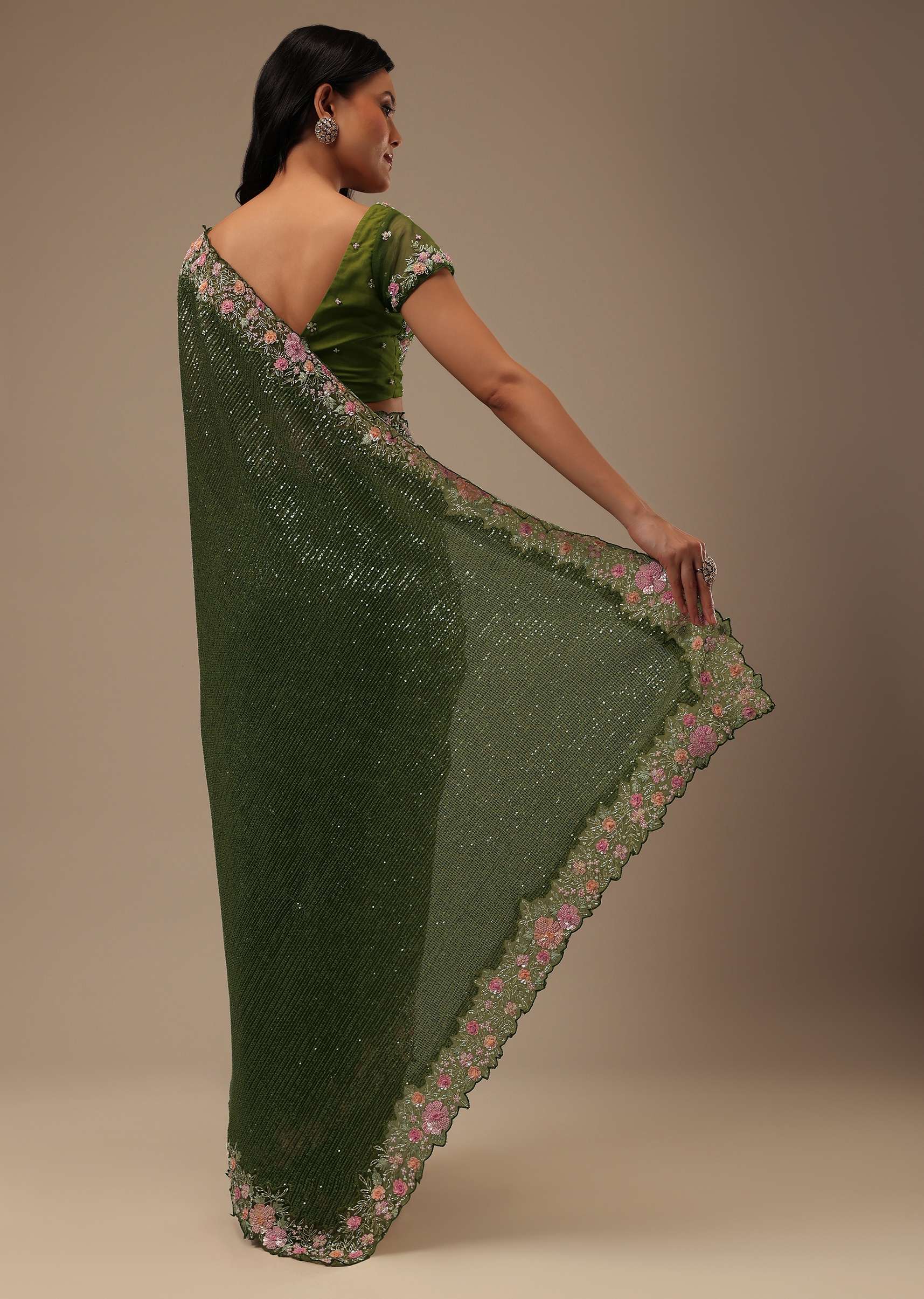 Mehendi Green Sequins Saree With Multicolor 3D Embroidery