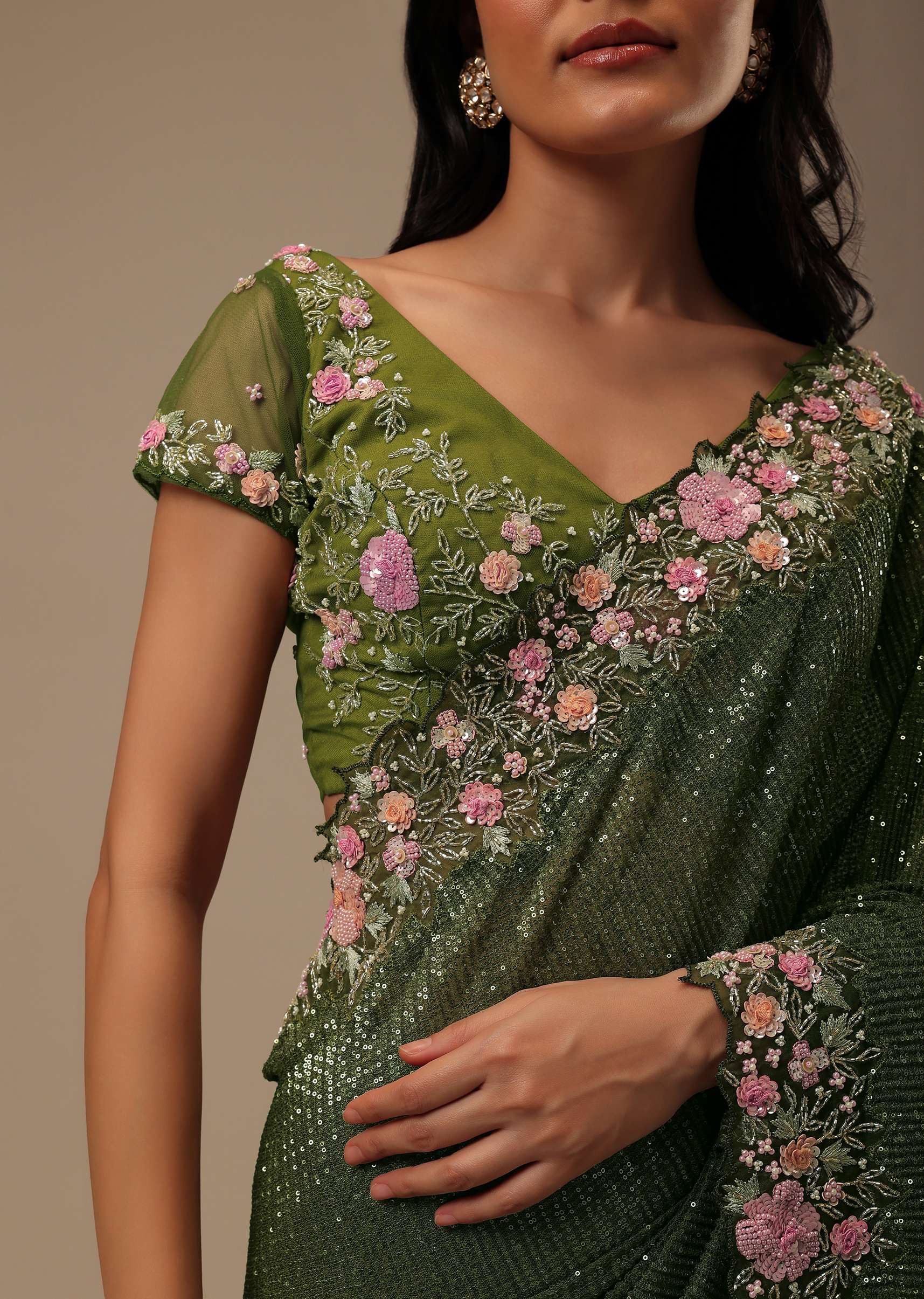 Mehendi Green Sequins Saree With Multicolor 3D Embroidery