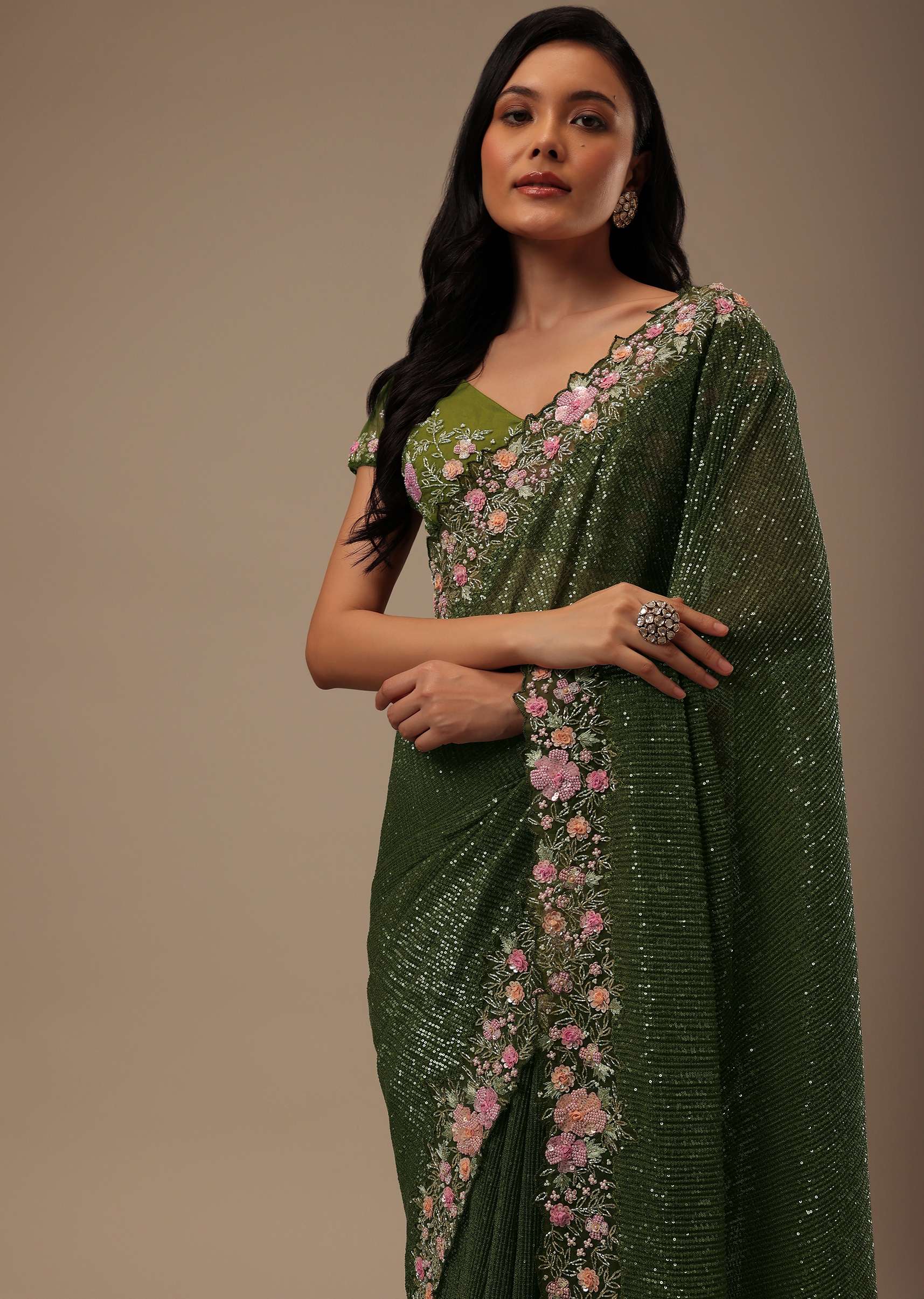 Mehendi Green Sequins Saree With Multicolor 3D Embroidery