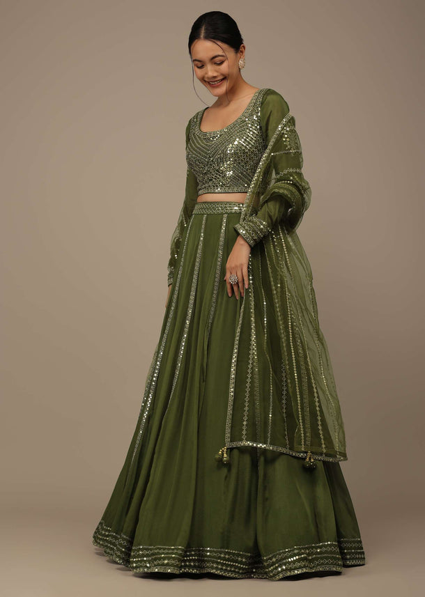 Mehendi Green Sequins Embroidered Lehenga Set With Zari And Cut Dana In Chinon