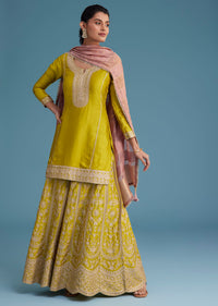 Mehendi Green Silk Palazzo Set With Contrasting Peach Dupatta