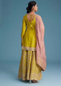 Mehendi Green Silk Palazzo Set With Contrasting Peach Dupatta