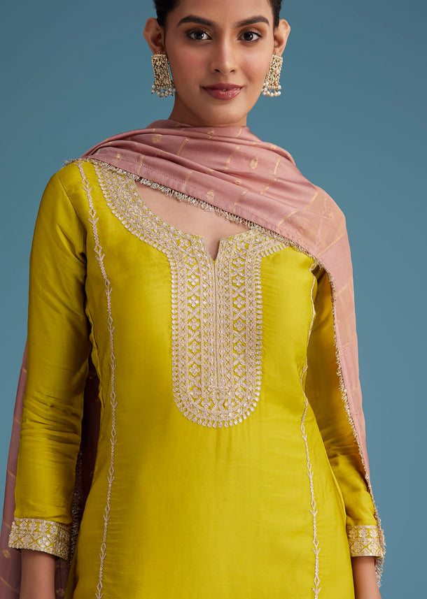 Mehendi Green Silk Palazzo Set With Contrasting Peach Dupatta