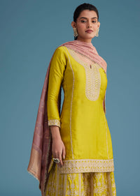 Mehendi Green Silk Palazzo Set With Contrasting Peach Dupatta