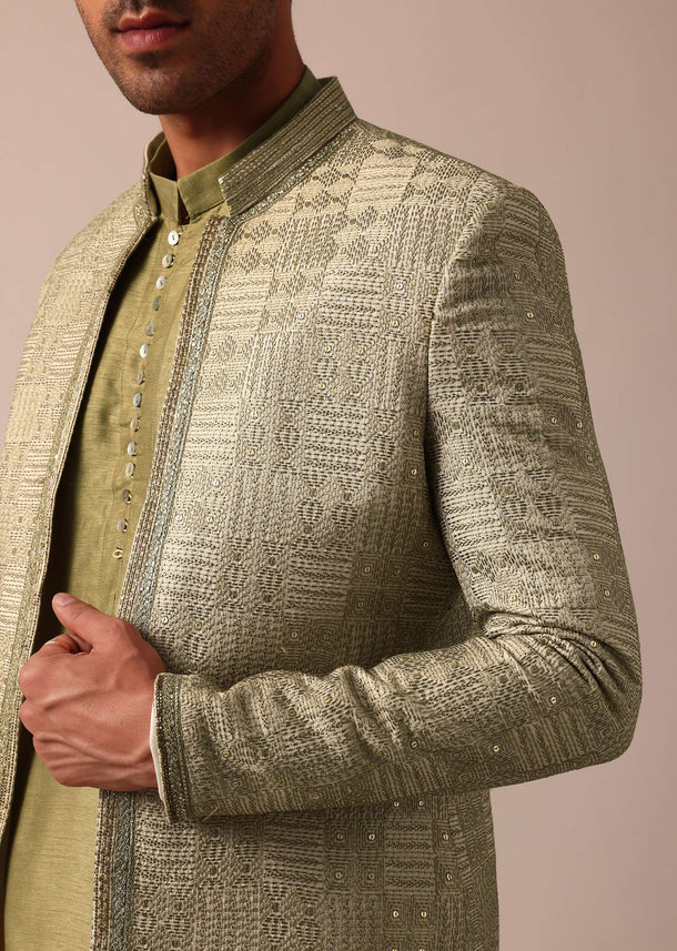 Mehendi Green Silk Sherwani With Intricate Embroidery