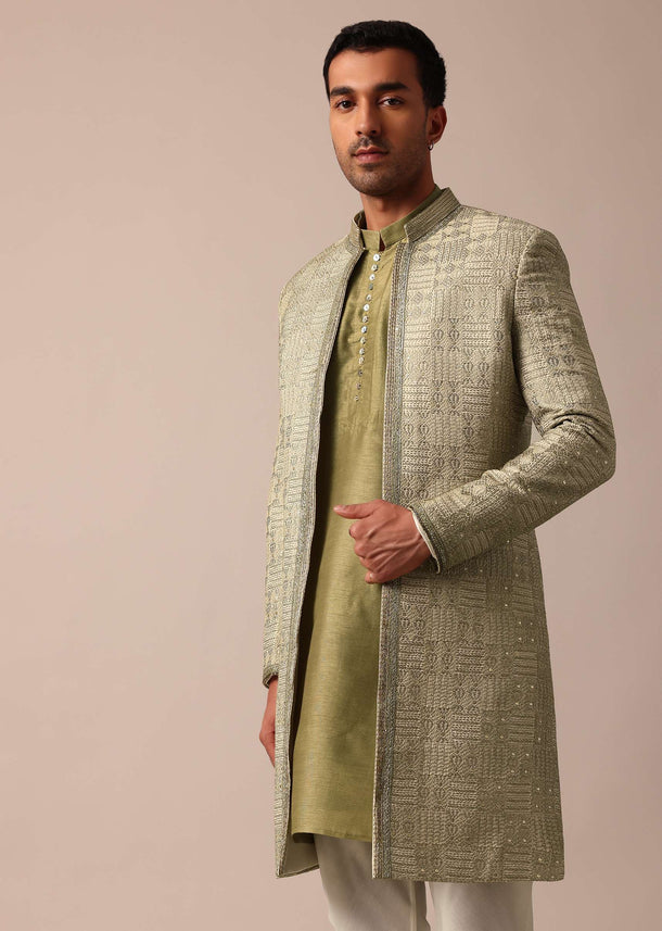 Mehendi Green Silk Sherwani With Intricate Embroidery