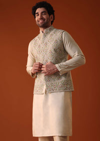 Mehendi Green Thread Embroidered Jacket Kurta Set In Silk