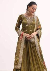 Mehendi Green Tissue Kurta Lehenga Set