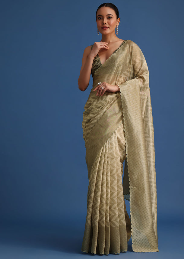 Mehendi Green Tissue Silk Saree With Stone Embroidered Border