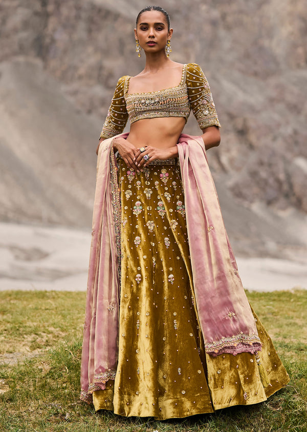 Mehendi Green Velvet Lehenga With Butti Work And Dupatta