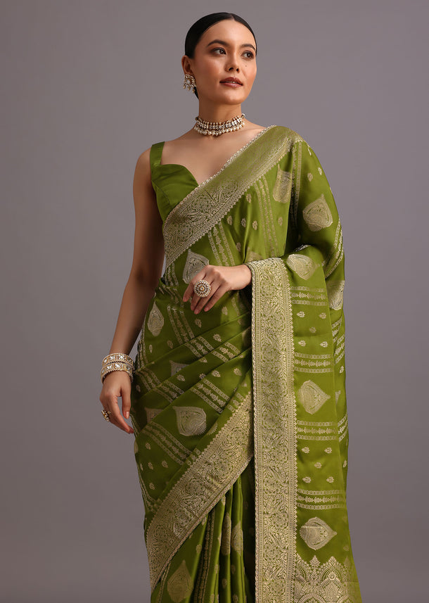 Mehendi Green Zari Woven Satin Silk Saree And Brocade Border