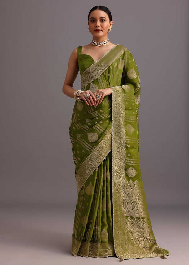 Mehendi Green Zari Woven Satin Silk Saree And Brocade Border