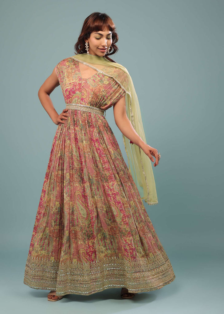 Lime Green Embroidered Anarkali With Multicolour Print In Chinon