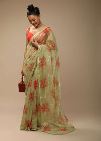 Mellow Green Saree In Organza Silk With Printed Floral Bouquets And Sequins Embroidery