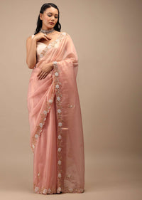 Mellow Rose Glass Tissue Saree In White Moti And Cut Dana Embroidery Buttis, Border Has Cutwork Detailing