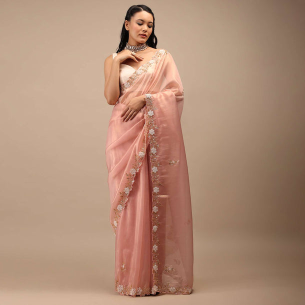 Mellow Rose Glass Tissue Saree In White Moti And Cut Dana Embroidery Buttis, Border Has Cutwork Detailing