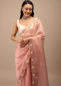 Mellow Rose Glass Tissue Saree In White Moti And Cut Dana Embroidery Buttis, Border Has Cutwork Detailing