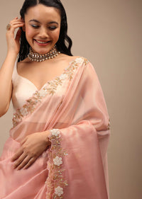 Mellow Rose Glass Tissue Saree In White Moti And Cut Dana Embroidery Buttis, Border Has Cutwork Detailing