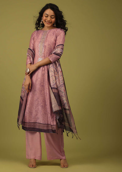 Mellow Rose Pink Vintage Floral Printed Palazzo Suit Set In Chanderi