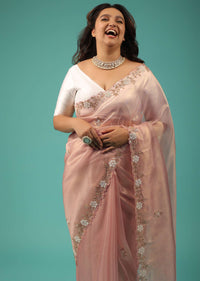 Mellow Rose Saree In Glass Tissue White Moti And Cut Dana Embroidery