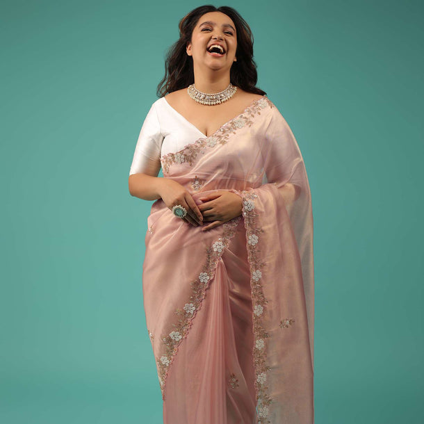 Mellow Rose Saree In Glass Tissue White Moti And Cut Dana Embroidery