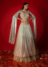 Melon Peach Ombre Lehenga Embellished In Sequins With Heavily Hand Embroidered Choli And Choker Dupatta