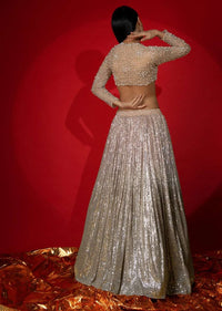 Melon Peach Ombre Lehenga Embellished In Sequins With Moti Embroidered Crop Top With Illusion Neckline And Full Sleeves