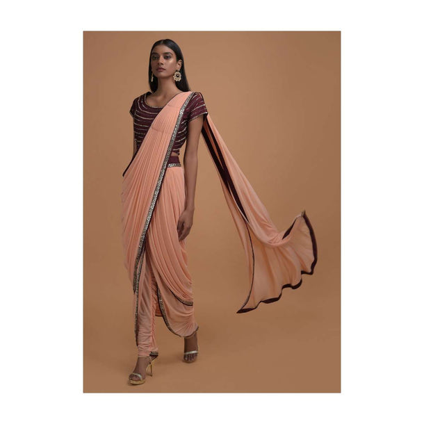 Melon Peach Ready Pleated Dhoti Saree With Maroon Mirror Embellished Blouse Online - Kalki Fashion